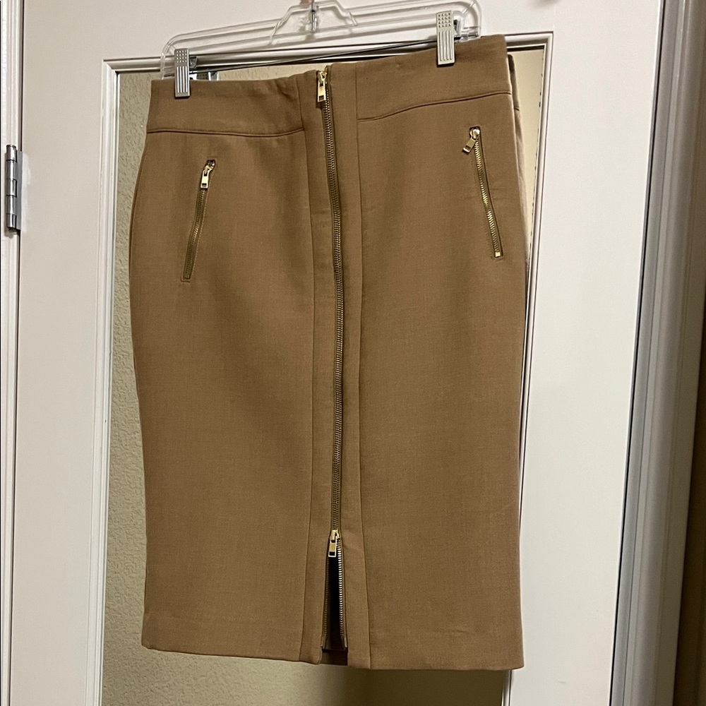 Ann Taylor Camel Pencil Skirt with Gold Zippers